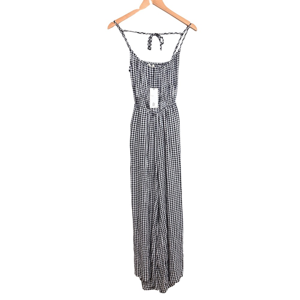 NEW Thread & Supply XS Gingham Jumpsuit Black White Smocked Open Back Wide Leg